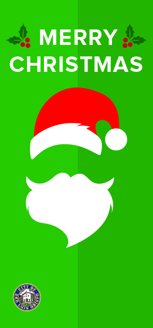 Green banner with a floating Santa hat and beard