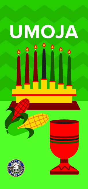 Green banner with 7-candled kinara, corn and a goblet