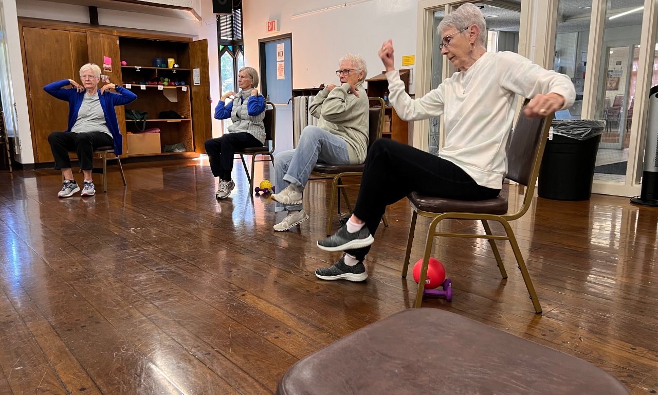 A senior group participating in chair exercise class