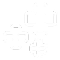 A white icon of three health symbols