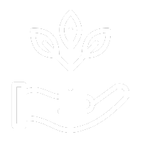A white icon of a hand holding a seedling