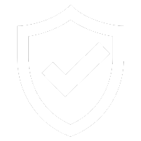 A white icon of a badge with a check mark in the middle of it