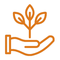 An orange icon of a hand holding a seedling