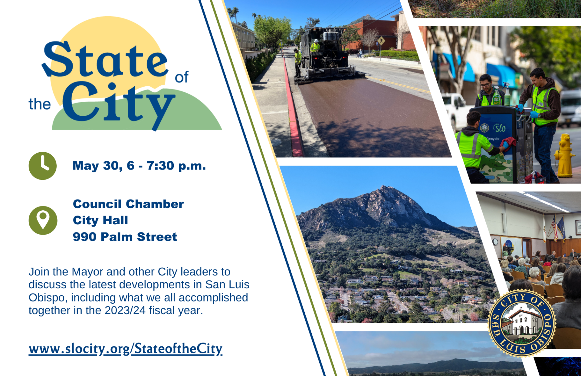 a photo collage of different sites in San Luis Obispo, including Bishop Peak and the foothill neighborhood, volunteers, road crews, and more. 