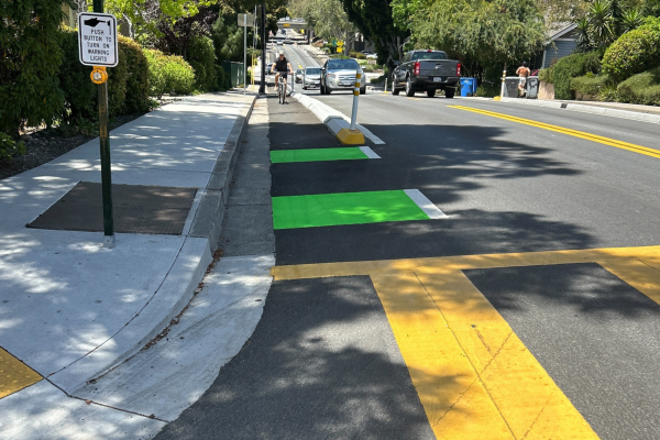 A picture of a recently painted and striped bike lane on Chorro Street in San Luis Obispo